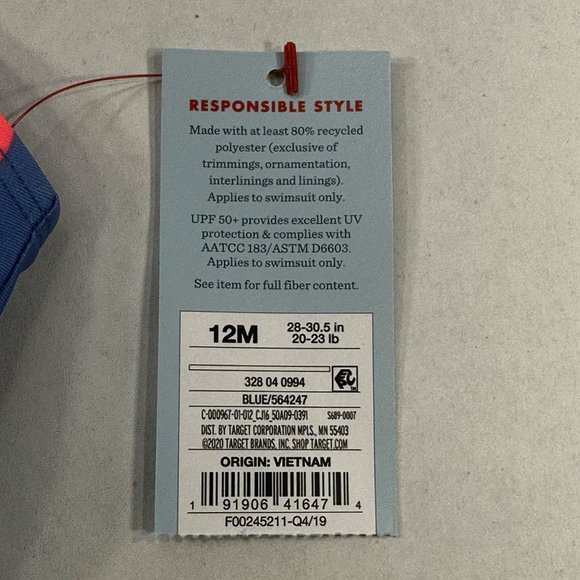 Cat And Jack Girl's Size 12 Month Swim Suit One Piece Blue New With Tags - Picture 6 of 12